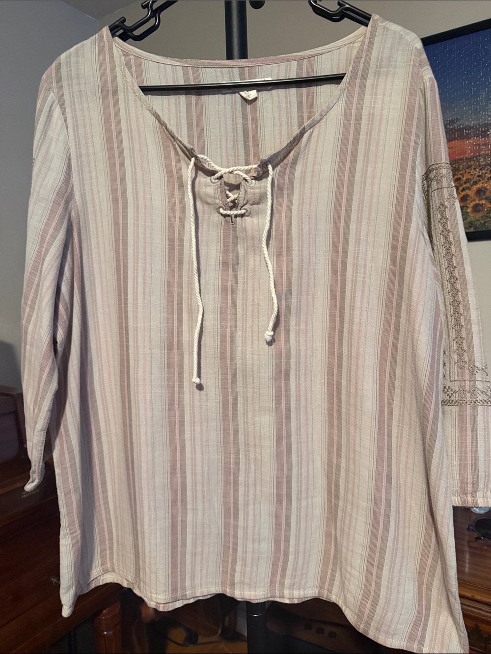 Ruff Hewn Lace-Up Striped Tunic in Light Pink and Cream